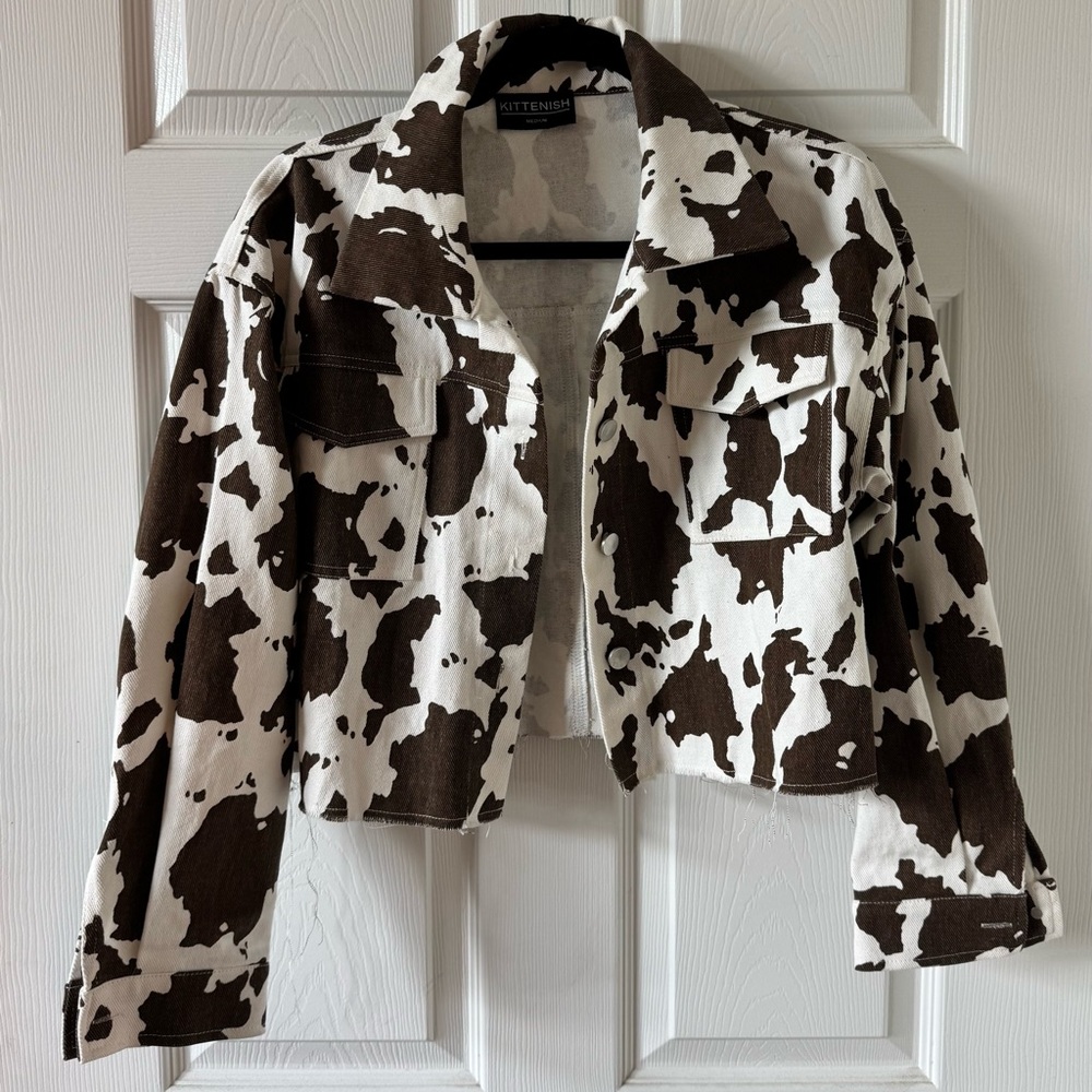 Kittenish Cow Print Cropped Denim Jacket | Western Y2K Vibe | Size M